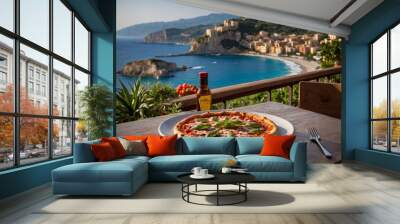 Pizza Marsharita against the backdrop of the sights of Naples, Amalfi Coast, the islands of Capri, Procida. Gastronomic tour, the birthplace of pizza.  Wall mural