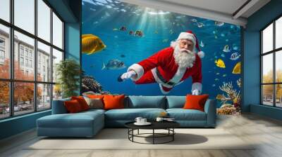 Santa Claus goes diving among tropical fish Wall mural