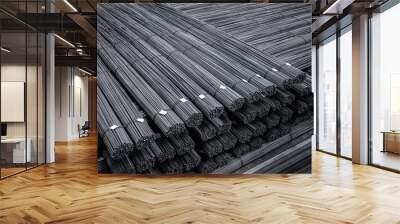 Bundle reinforcing bar. Steel reinforcement. Industrial background. Top view Wall mural