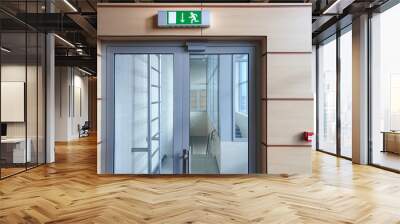 Emergency exit with glass door in airport office building. Emergency fire doors. Rescue signs icon green emergency exit lamp Wall mural