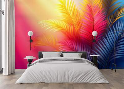 A colorful image of a palm tree with yellow, red, and blue leaves Wall mural