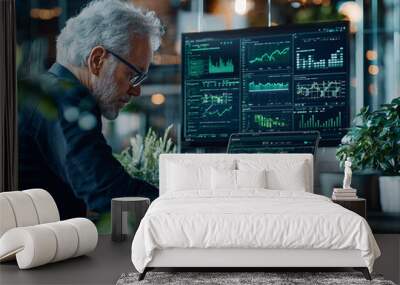 A man is sitting at a desk with a laptop and two monitors Wall mural