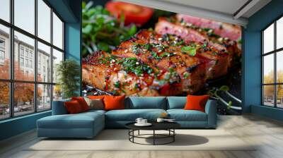 A piece of meat is sitting on a plate with a garnish of parsley Wall mural