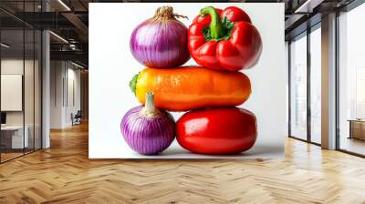 A pile of vegetables including a red bell pepper, a red onion, and a carrot Wall mural