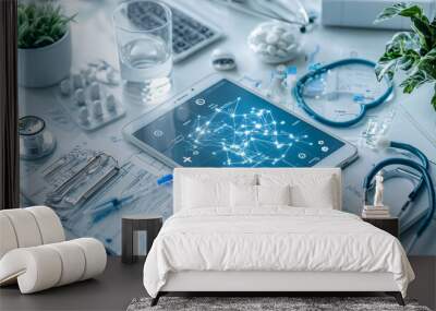 A tablet with a blue heart on it sits on a table with medical supplies Wall mural