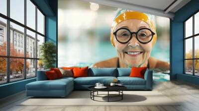 A woman in a swimsuit and glasses is smiling in a pool Wall mural