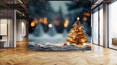 Christmas cards template. Branches of a Christmas tree decorated with lights on the background of a blurred winter snow forest. Wall mural