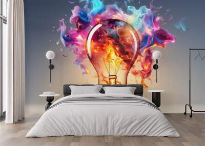 Creative light bulb explodes with colorful paint and colors. New idea, brainstorming concept. Banner. Ai generated Wall mural