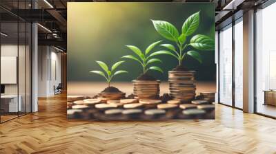 Green plant growing on coins on nature background. Savings, investment, interest and economic growth concept. Copy space Wall mural