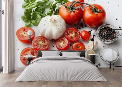 Isolated shot of fresh mixed vegetables including tomatoes garlic and spices perfect for ratatouille preparation Wall mural