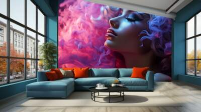 Mysterious sensual woman with bright make-up, shrouded in a background of colored smoke. Ai design Wall mural