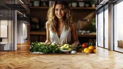 Portrait of a young beautiful woman who eats healthy food for breakfast. Proper nutrition Design ai Wall mural