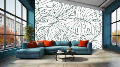 Tropical leaf line art wallpaper background vector. Natural monstera leaves pattern design in minimalist linear contour simple style. Design for fabric, print, cover, banner, decoration. Wall mural