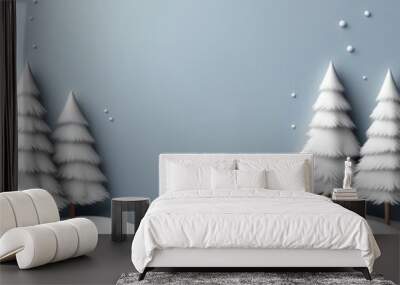 3d render of winter background with white snow, fir trees, snowflakes and blue sky with snow. new year greeting card design. 3d render of winter background with white snow, fir trees, snowflakes and b Wall mural