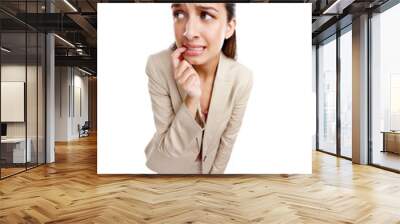 Anxiety, stress and business woman with fear on transparent, isolated or png background with an afraid employee. Scared, face and girl with panic, terror or worried expression from crisis in work Wall mural