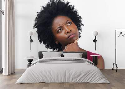 Black woman, thinking and confused with a decision or choice isolated on a transparent background. Doubt, unsure and african female person contemplating a solution with an emoji expression on PNG Wall mural