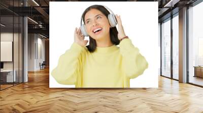 Excited, listening and woman with headphones for music isolated on a transparent png background. Media, happy and person streaming radio, podcast and hearing audio, jazz sound and dancing for freedom Wall mural