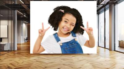 Little girl, portrait smile and peace sign with wink in casual fashion posing isolated on a transparent PNG background. Happy young kid or child with emoji, v hand gesture or symbol in happiness Wall mural