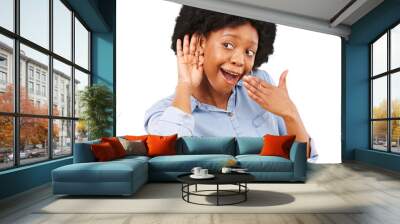 Surprise, gossip and black woman listening, isolated on transparent png background with wow or wtf face expression. Secret, shock and curious African model with afro, whisper and confidential news. Wall mural