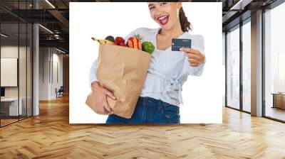 Woman, credit card and grocery shopping online for fruits and vegetables isolated on transparent png background. Customer portrait, person wow and paper bag of food for e commerce or retail discount Wall mural