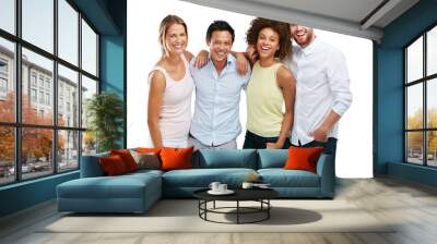 Diversity, people and friends laughing while standing together in friendship or community. Portrait of happy diverse group smiling with hug for community on isolated on a transparent png background Wall mural