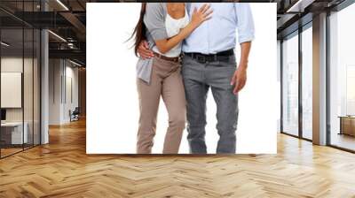 Hug, love and portrait of couple laugh together on isolated, png and transparent background. Relationship, marriage and happy man and woman hugging, embrace and bonding for valentines day romance Wall mural