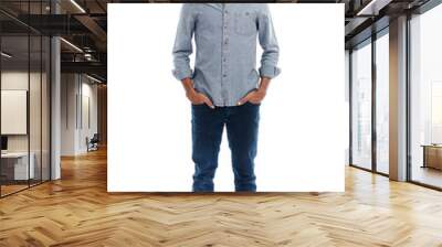 Man, serious and portrait with hands in pocket isolated on a transparent png background. Confident black male model with a cool attitude, mindset and confidence in casual denim fashion style Wall mural