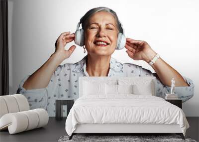 Mature woman, headphones and relaxing with song, streaming radio and listen to sound or audio. Senior female person, happy and subscribe to playlist, hear and isolated on transparent png background Wall mural