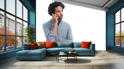 Phone call, communication and black man talking on transparent background for contact, connection and chat. Network, png studio and isolated male on smartphone for conversation, discussion and speak Wall mural