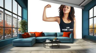 Portrait, feminism and a woman flexing her arm muscle while isolated on a transparent background. Girl power, pride or empowerment with a confident and strong young person showing her bicep on PNG Wall mural