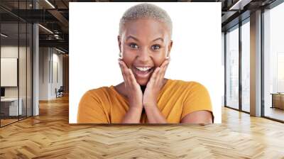 Surprise, portrait and black woman excited, shocked or OMG facial expression for news, deal or secret. Wow reaction, WTF or girl with gossip, announcement or promo deal on transparent, png background Wall mural