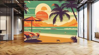 vector illustration of a vintage car in a desert landscape vector illustration of a vintage car in a desert landscape car on palm trees, sunset and beach Wall mural