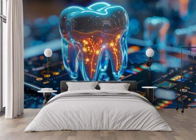 3D tooth hologram floating on top of an iPad with dental tech data graphs and AI touch screen elements.4 Wall mural