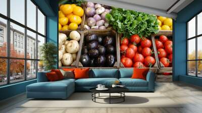 Vibrant display of assorted vegetables in wooden crates at an outdoor street market on a sunny day-1 Wall mural