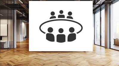 Brainstorming and teamwork icon. Business meeting. Group of five people in conference room sitting around a table working together on new creative projects. Flat vector design. Wall mural