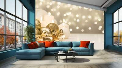 golden christmas ball on golden bokeh background Wall mural