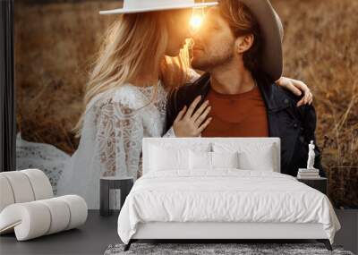 Happy adult couple on a date outdoor, at the field, loving wife hug beautiful husband, smiling, handsome man look at pretty woman, enjoy moments together, relationships concept Wall mural