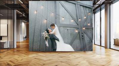 Young marriage couple in rustic style at summer Wall mural