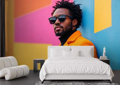 Confident young Black man in orange coat and sunglasses with vibrant striped background. Wall mural