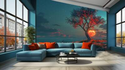 A tree on the background of the moon with a heart Wall mural