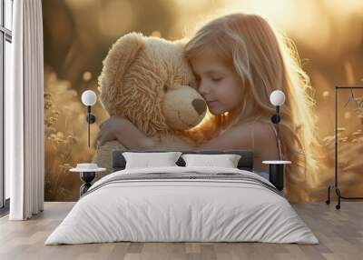 Embrace the warmth of a girl and her teddy bear. A bond stitched with love, where every hug tells a story. Cherish the innocence and joy shared between them, creating a lifetime of cuddly memories Wall mural