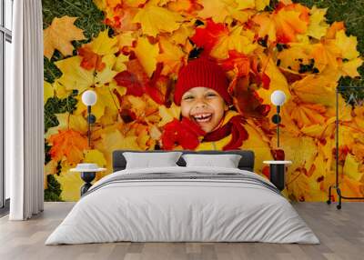 A girl with a wide smile lies on a carpet of red and yellow leaves in an autumn park. Wall mural