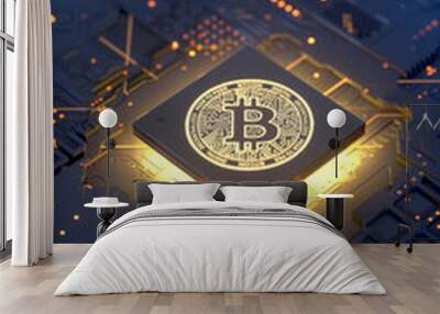 Bitcoin on motherboard,3d rendering,conceptual image. Wall mural