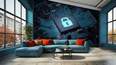 security lock symbol on circuit board.3d rendering,conceptual image. Wall mural