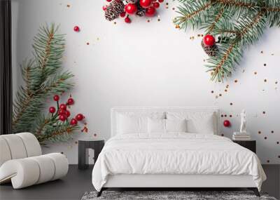 Christmas composition flatlay. Spruce branches, red berries on white background with space for text Wall mural