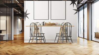 Christmas mockup with a poster on the background of a dinner table.3D rendering Wall mural