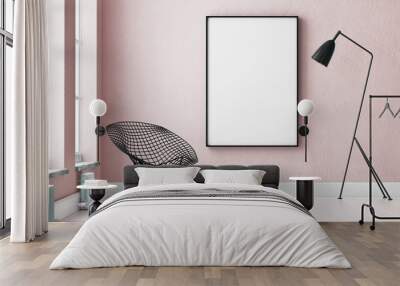 mockup interior with a poster and a floor lamp. trend color. 3d Wall mural