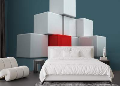 An individual red cube among many white cubes Wall mural