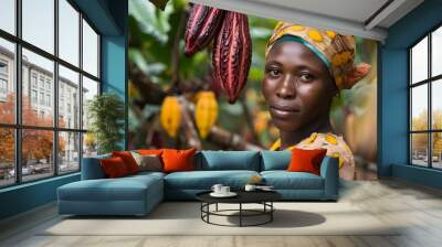 black woman smiling, collecting cocoa beans fresh in the forest, elephants in the background, label, chocolate business card, raw cocoa, Ivory Coast, Africa Wall mural