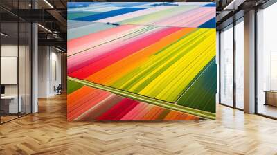 field of flowers, tulips. Landscape from the air in the Netherlands. Rows on the field, drone view Wall mural